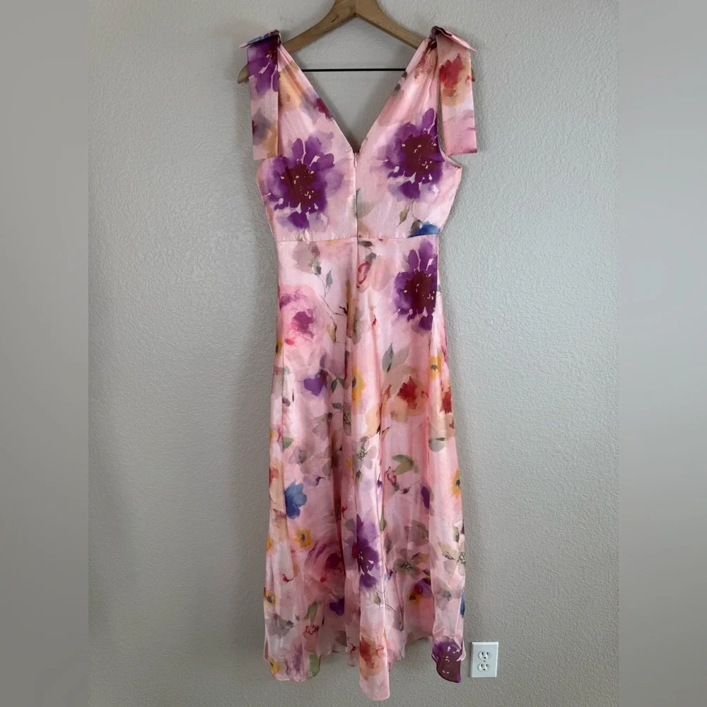 Maison Tara V Neck Pink Watercolor Floral Maxi Dress with Bow Straps size 6 $148 - Picture 12 of 16